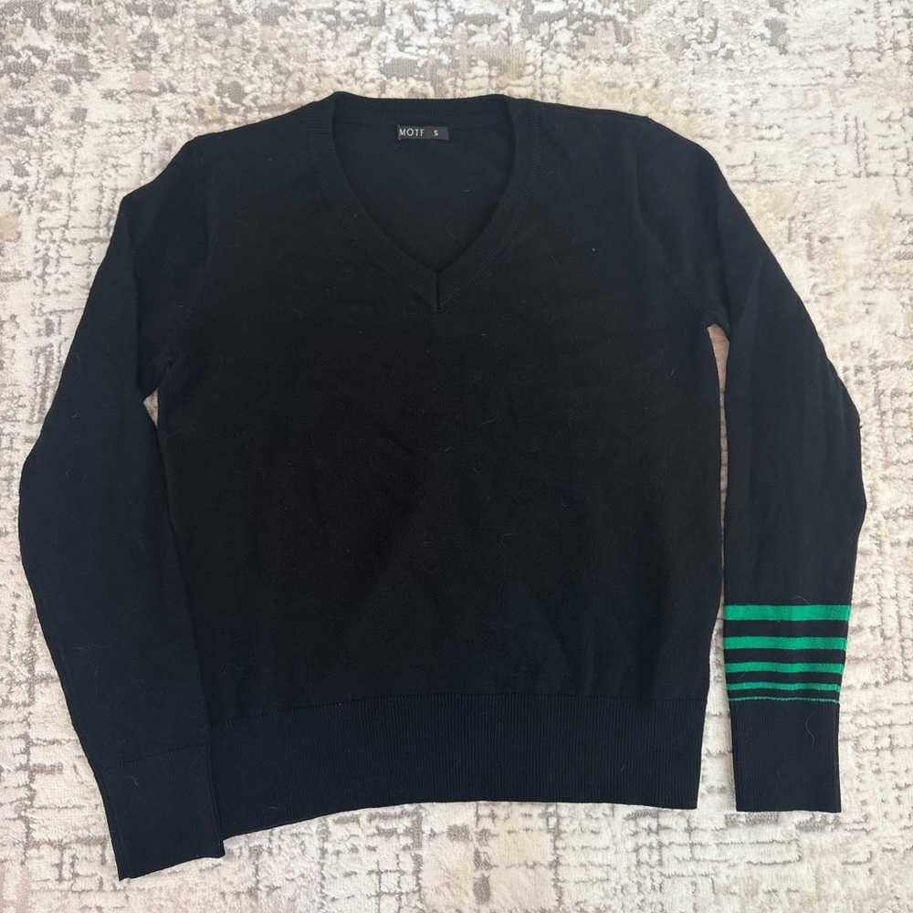 MOTF Black V-Neck Sweater with Green Sleeve Stripes